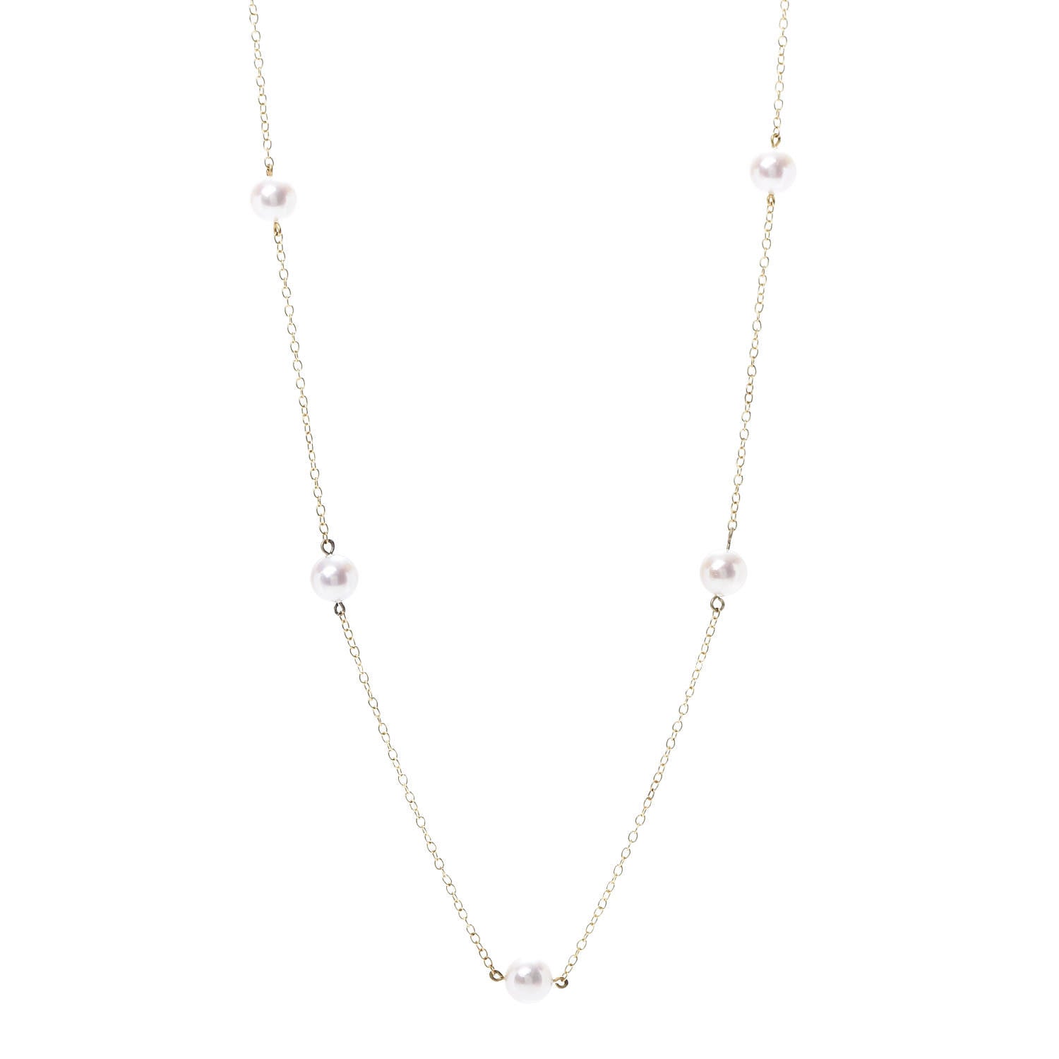 Mikimoto 18K Yellow Gold Akoya Pearl 5.5mm Station Necklace 30" 1 of 5