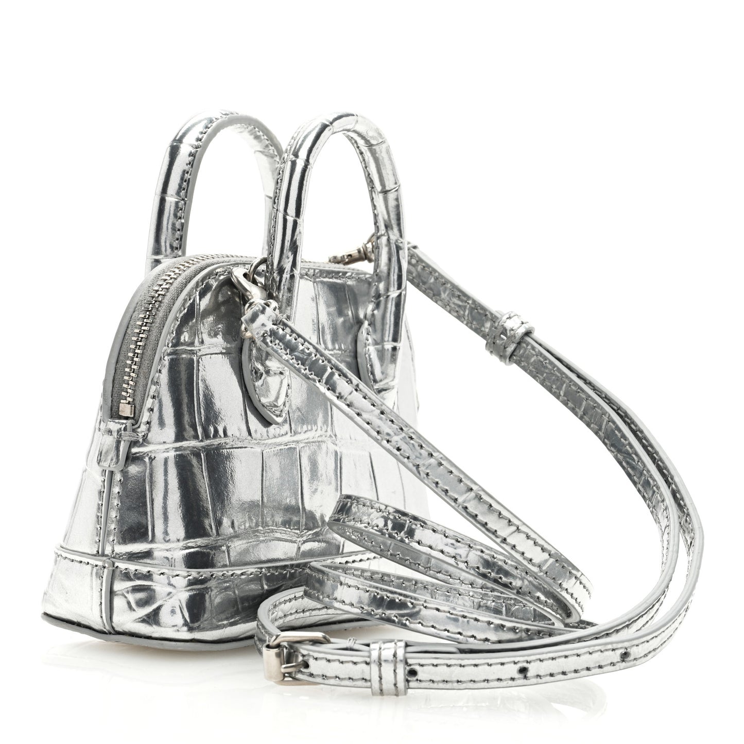 Metallic Calfskin Logo Crocodile Embossed Mini Ville Top Handle Bag Silver Black