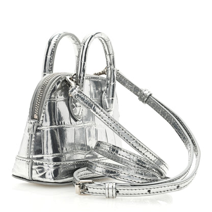 Balenciaga Metallic Calfskin Logo Crocodile Embossed Mini Ville Top Handle Bag Silver Black 3 of 9