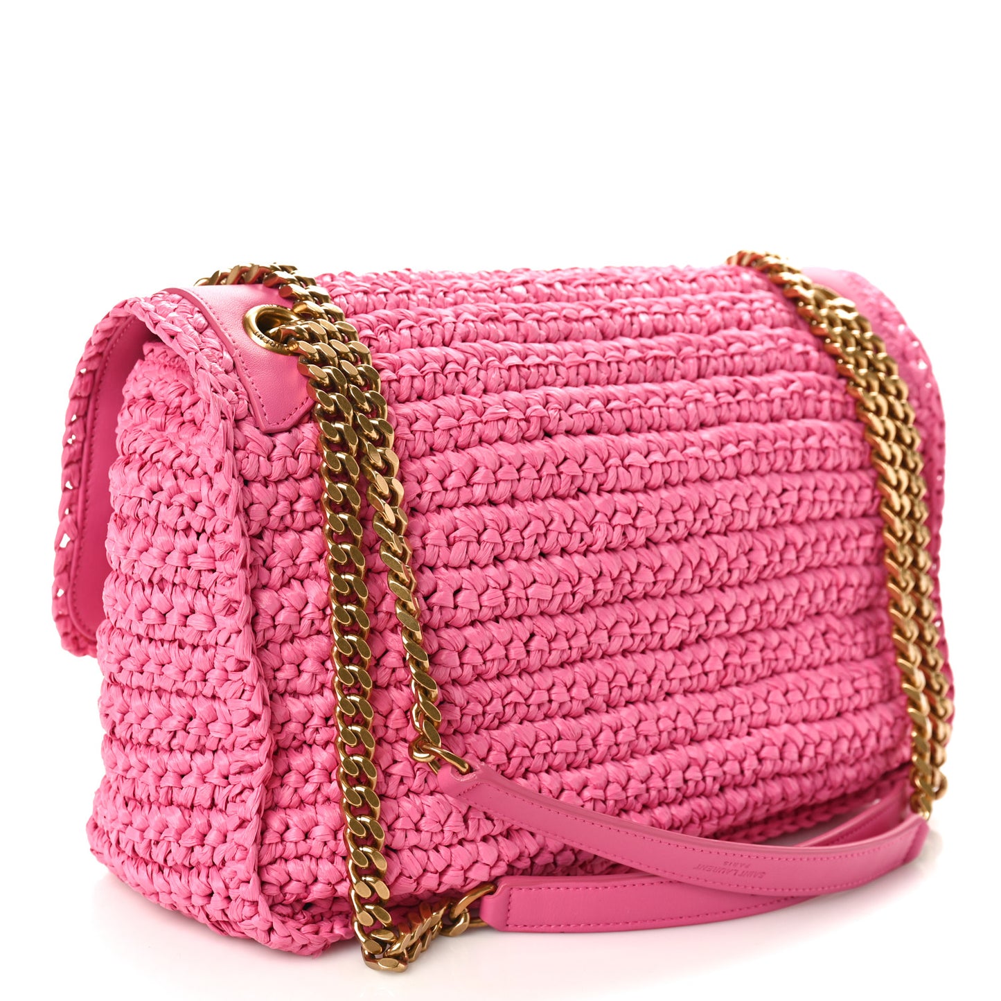 SAINT LAURENT Raffia Calfskin Monogram Medium Niki Chain Satchel Bright Pink
