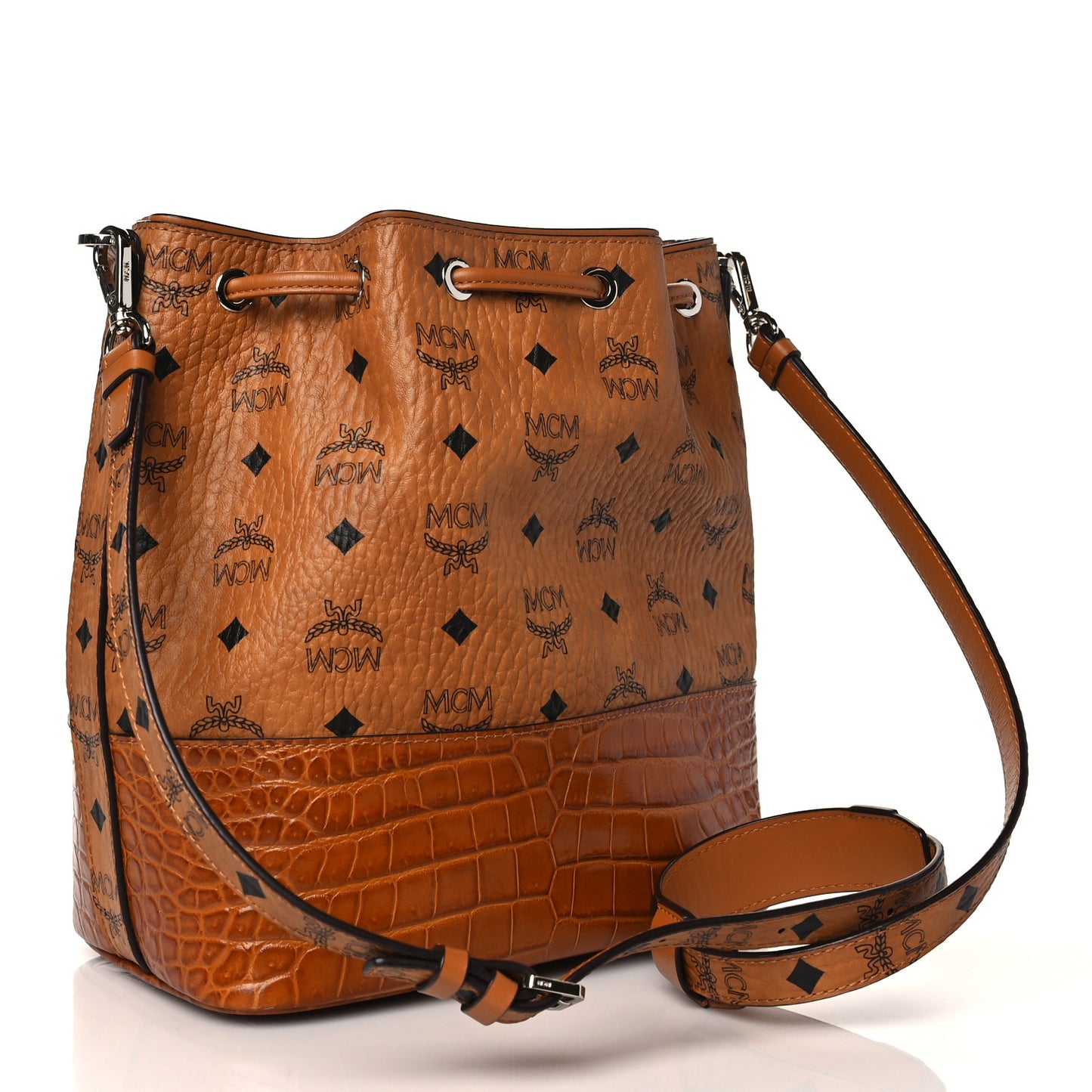 Visetos Crocodile Embossed Geonautic Bucket Bag Cognac