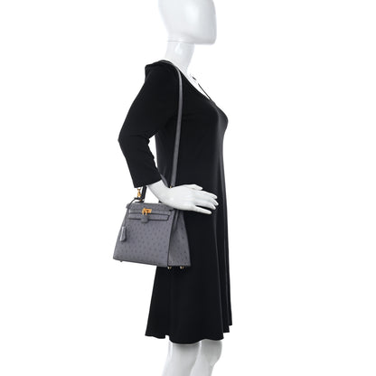 Hermes Ostrich Horseshoe Kelly Sellier 25 Gris Agate Bleu Electrique 2 of 11