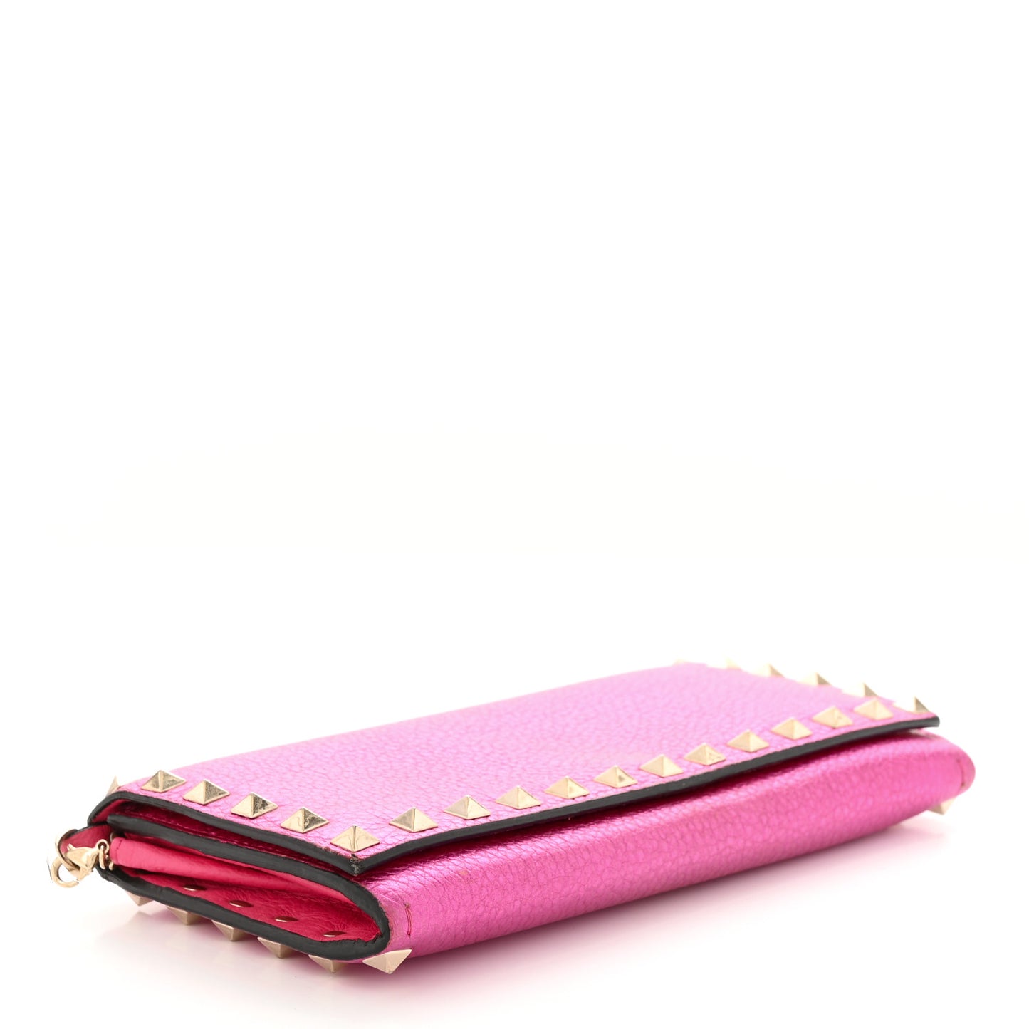 Metallic Pebbled Calfskin Rockstud Flap Wallet On Chain Peony