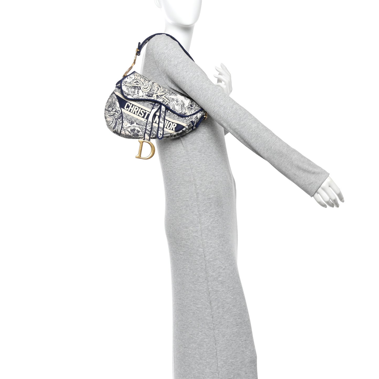Canvas Embroidered Toile de Jouy Saddle Bag Blue