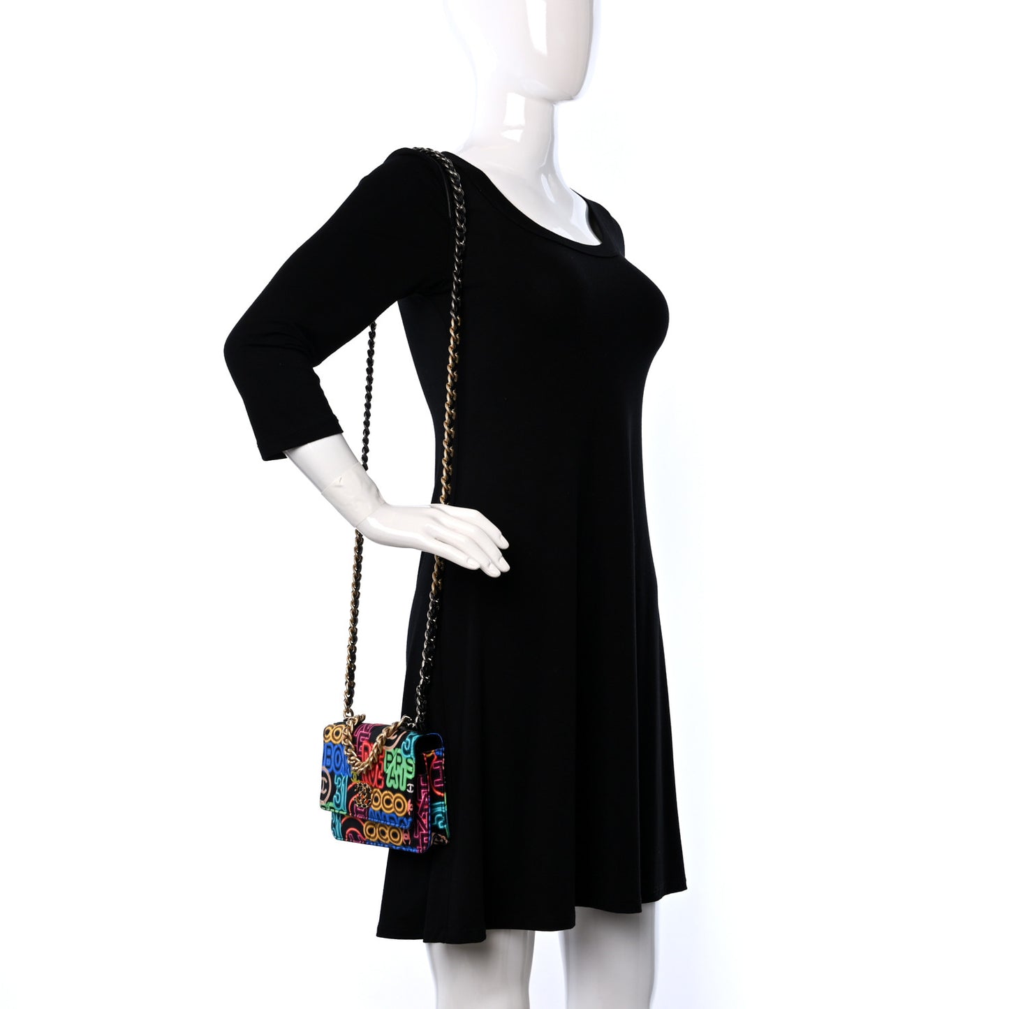 Fabric Printed Chanel 19 Wallet On Chain WOC Black Multicolor