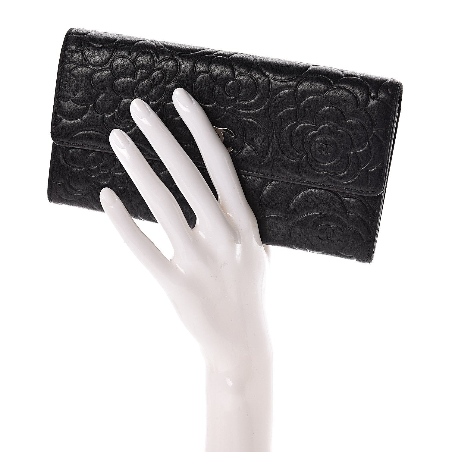 Chanel Lambskin Embossed Camellia Large Gusset Flap Wallet Black 2 of 7