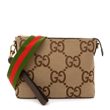 Gucci Monogram Jumbo GG Textured Dollar Calfskin Web Wristlet Messenger Bag Camel Ebony New Acero 1 of 11