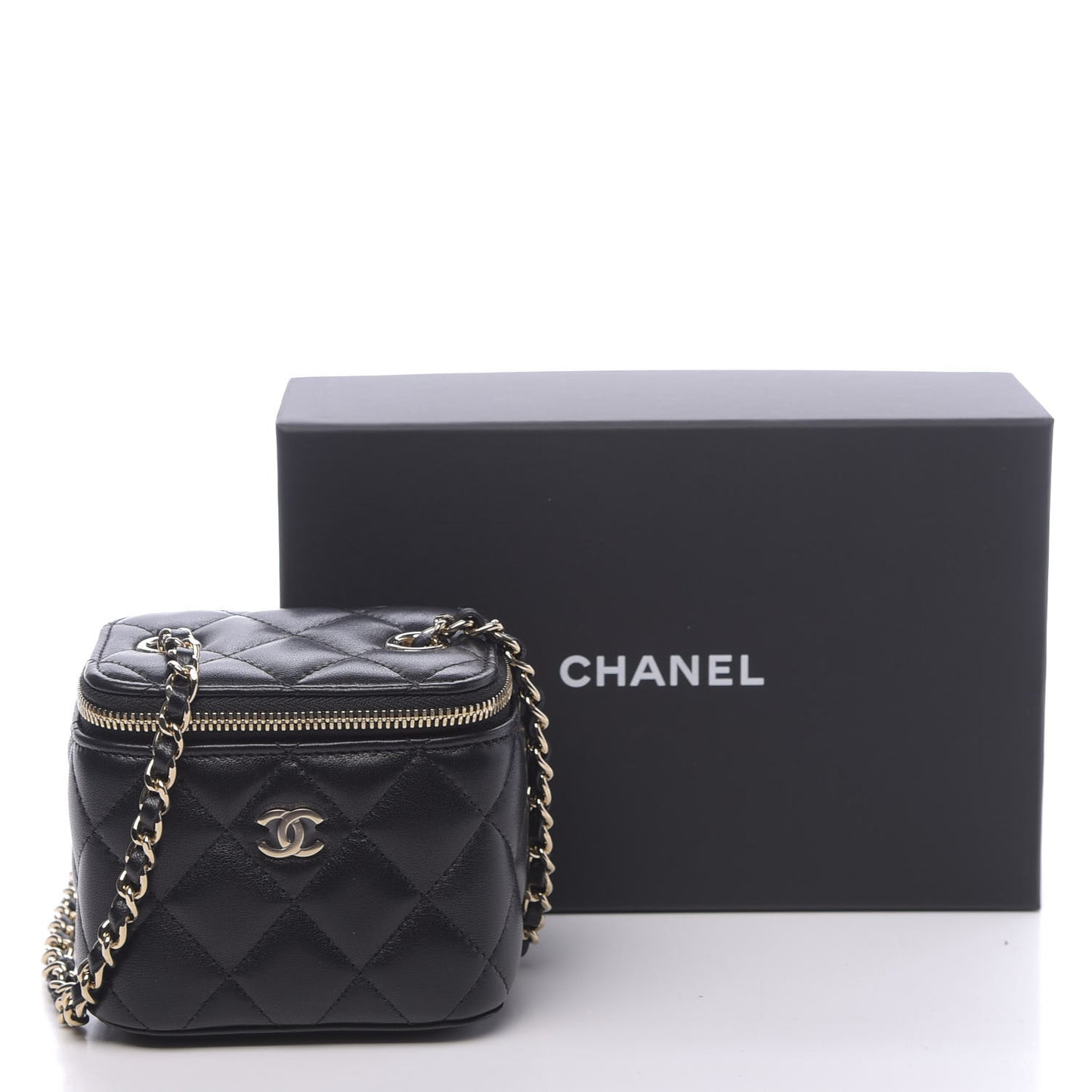 Lambskin Quilted Mini Vanity Case With Chain Black