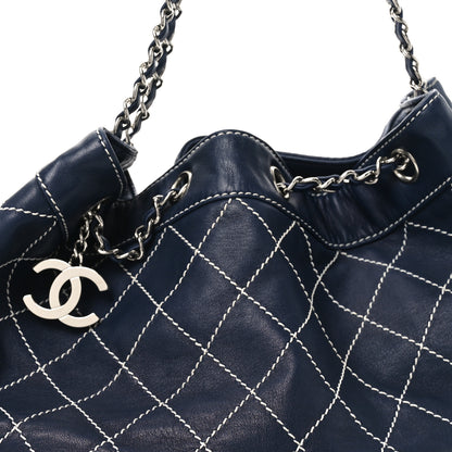 Chanel Calfskin Contrast Stitch Surpique Bucket Bag Navy 8 of 10