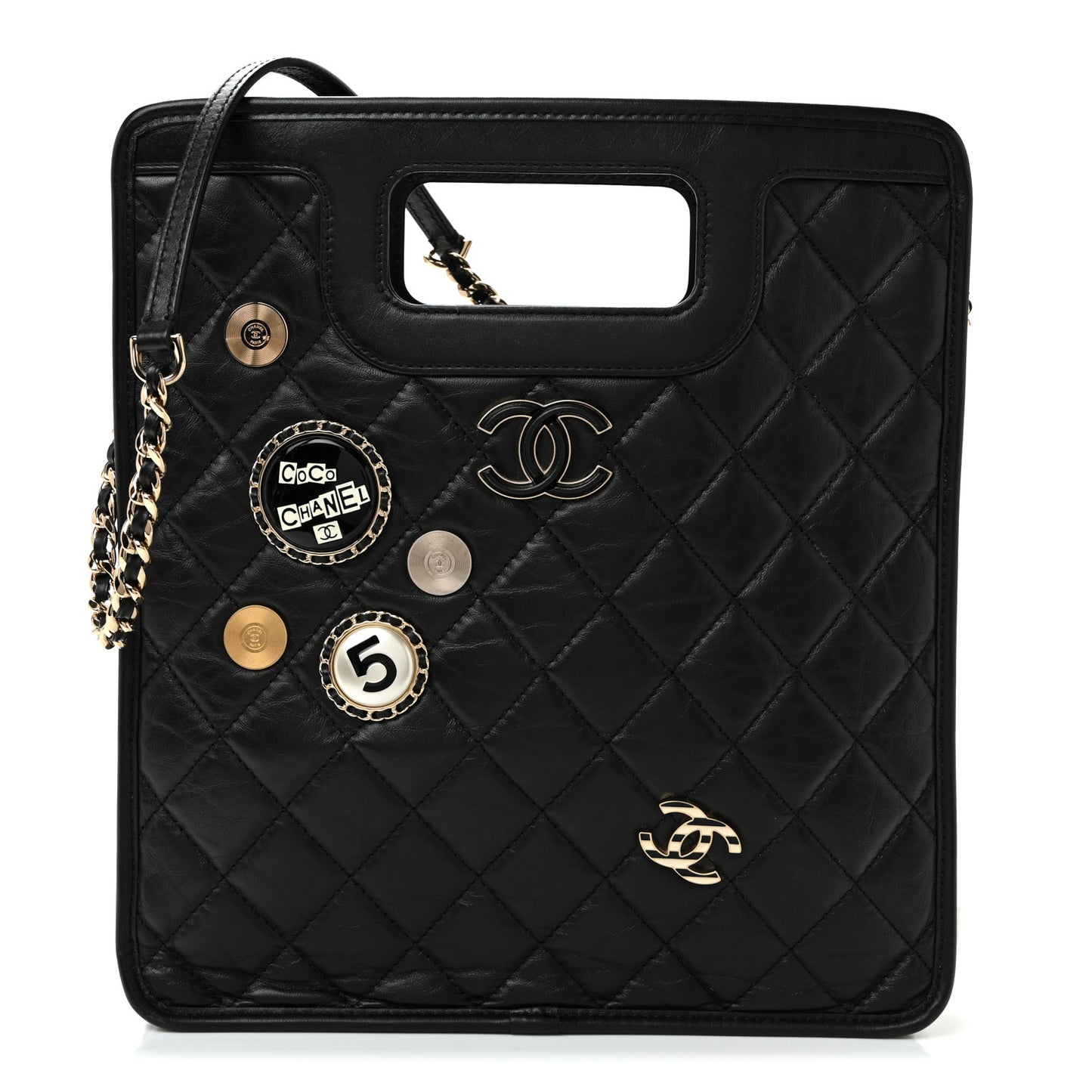 Aged Calfskin Small Charms Shopping Bag Black