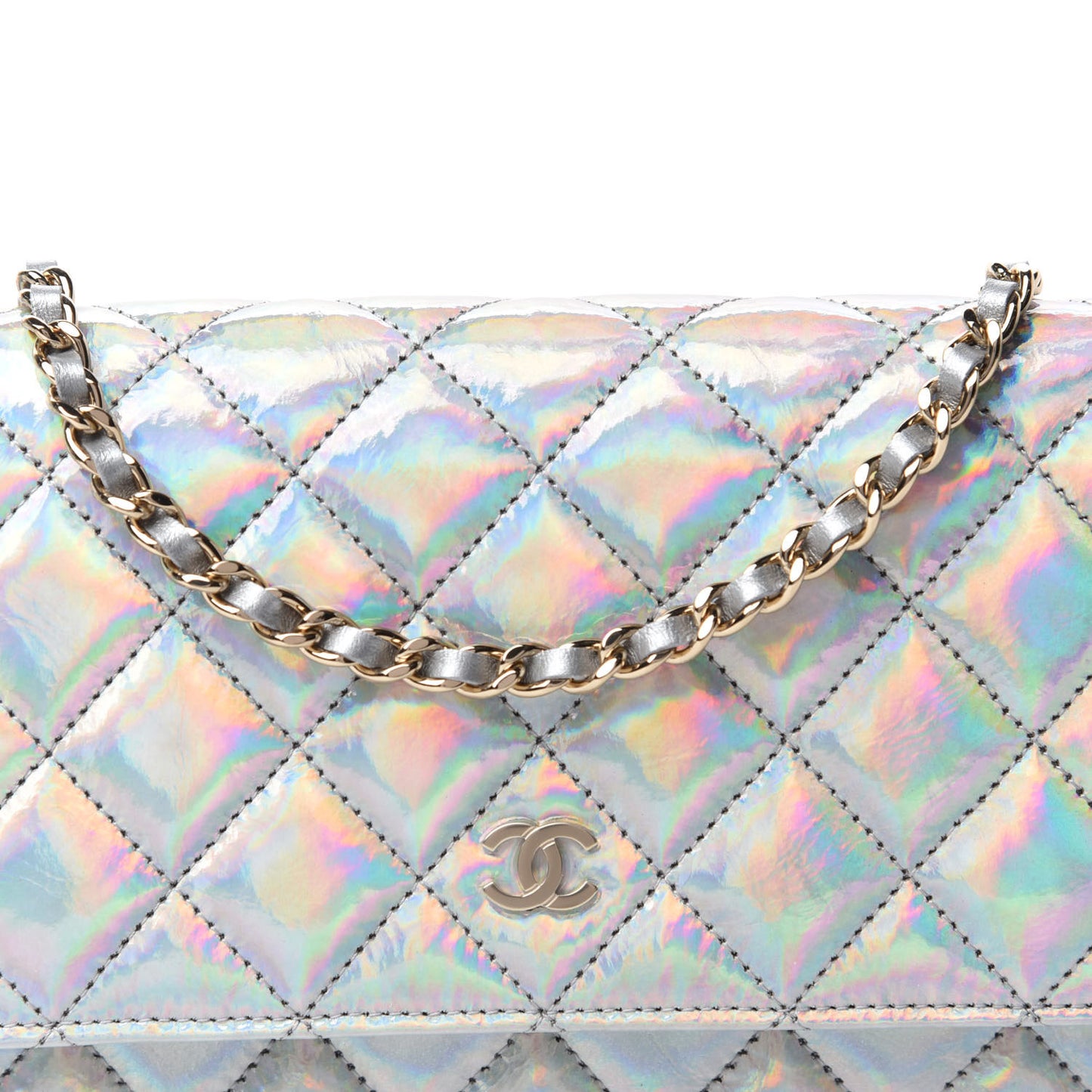 Iridescent Goatskin Quilted Wallet On Chain WOC Silver
