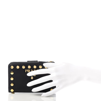 Prada Soft Calfskin Studded Compact Wallet Black 2 of 7