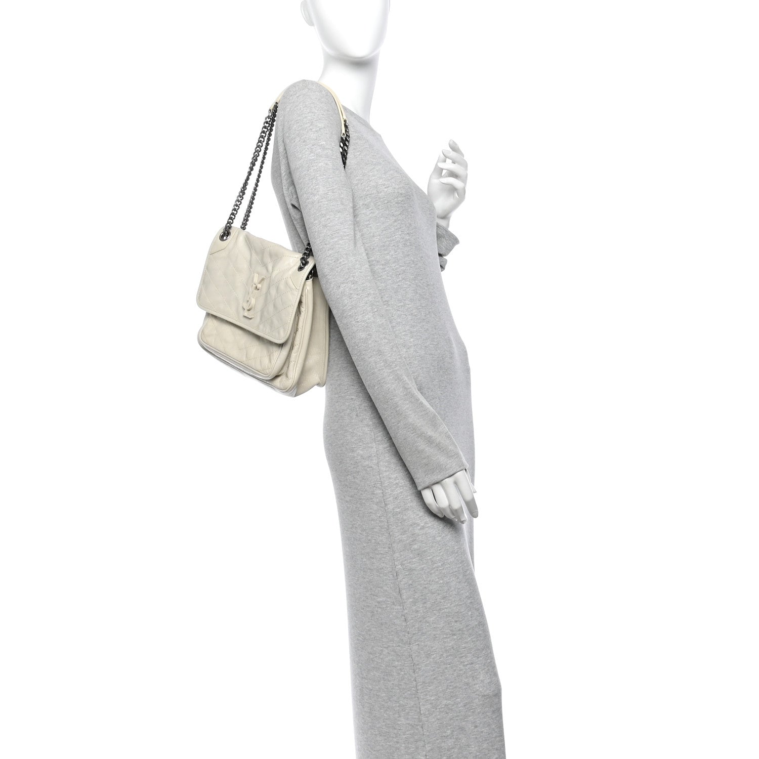 Saint Laurent Crinkled Calfskin Matelasse Monogram Medium Niki Chain Satchel Blanc Vintage 2 of 13
