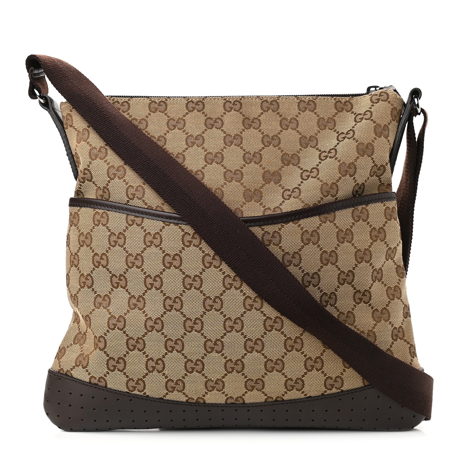 Gucci Monogram Calfskin Perforated Medium Flat Messenger Bag Dark Brown 1 of 10