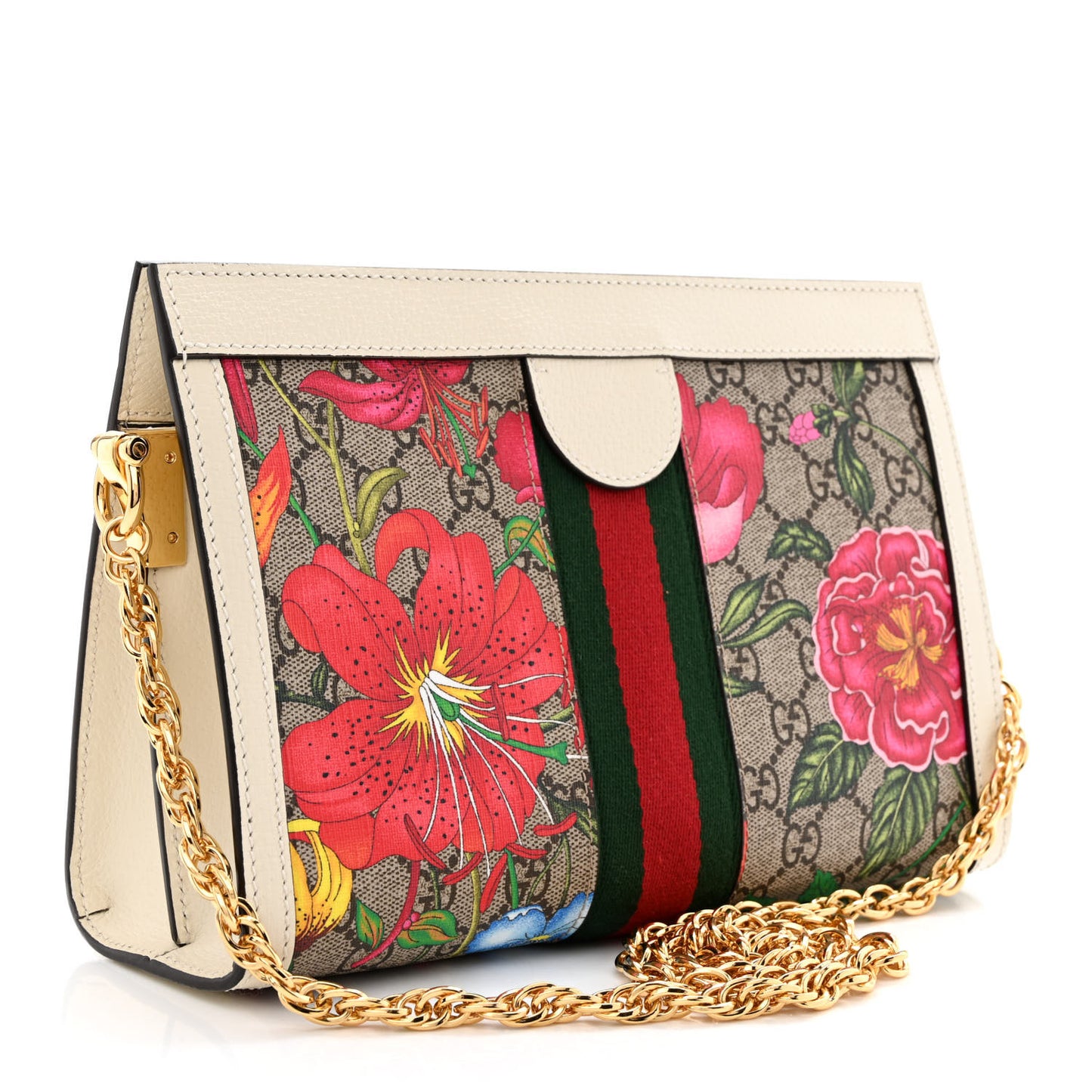 GG Supreme Monogram Flora Web Small Ophidia Chain Shoulder Bag White
