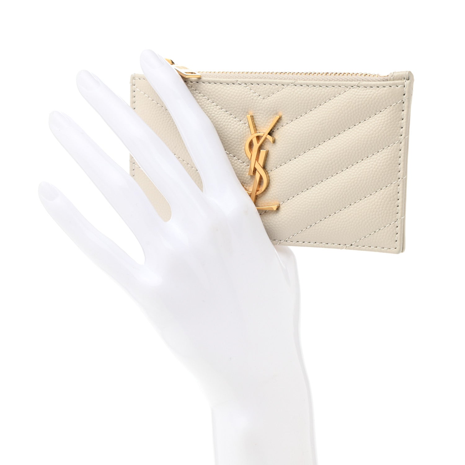 Saint Laurent Grain De Poudre Matelasse Chevron Monogram Fragments Zippered Card Case Crema Soft 2 of 8