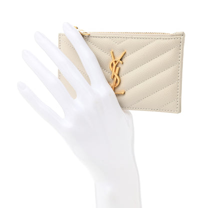 Saint Laurent Grain De Poudre Matelasse Chevron Monogram Fragments Zippered Card Case Crema Soft 2 of 8