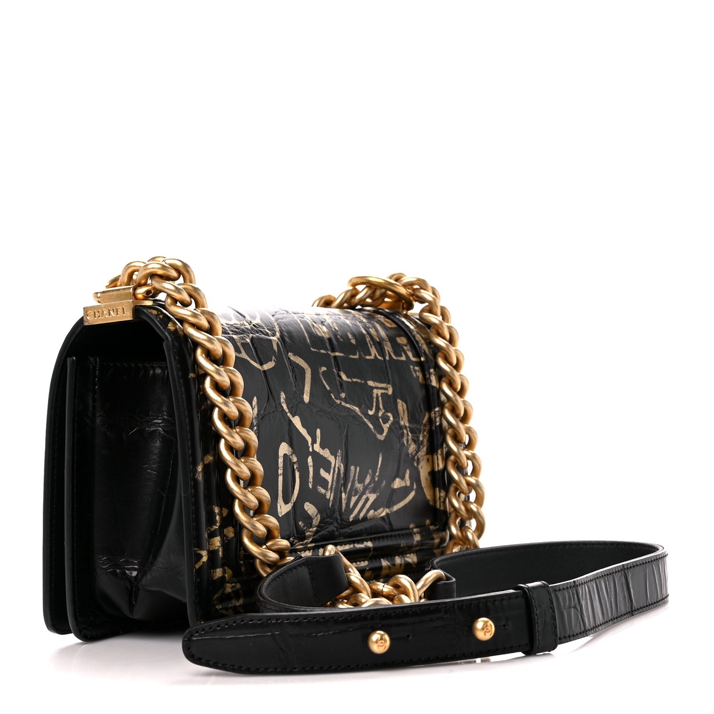 Calfskin Crocodile Embossed Graffiti Cocodile Small Boy Flap Black Gold