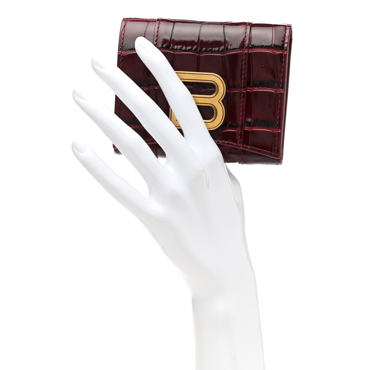 Balenciaga Shiny Calfskin Crocodile Embossed Hourglass Compact Wallet Dark Red 2 of 8