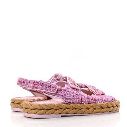 Chanel Tweed Patent Calfskin Velcro Dad Sandals 37 Light Purple Pink Red 4 of 7