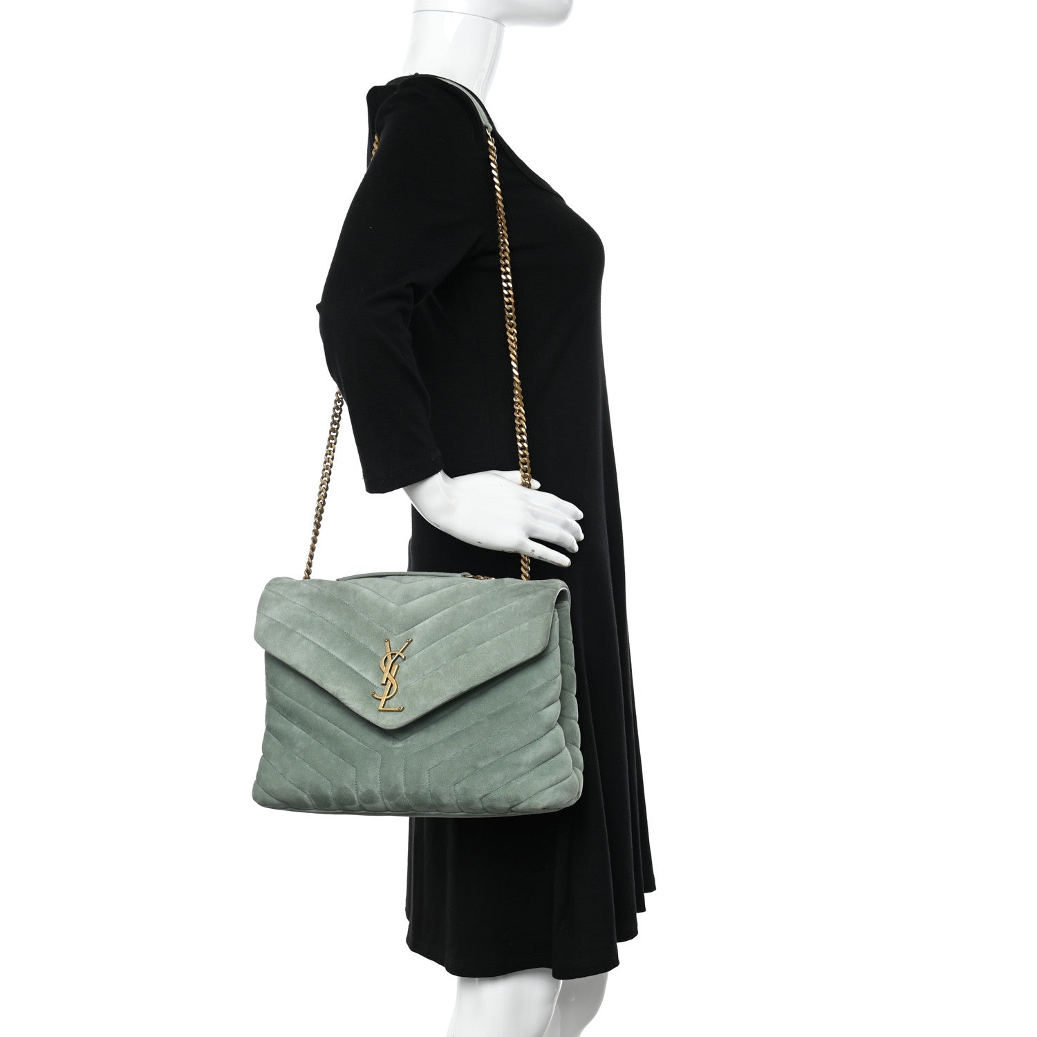 Saint Laurent Suede Y Quilted Monogram Medium Loulou Chain Satchel Vert Opaline 2 of 10