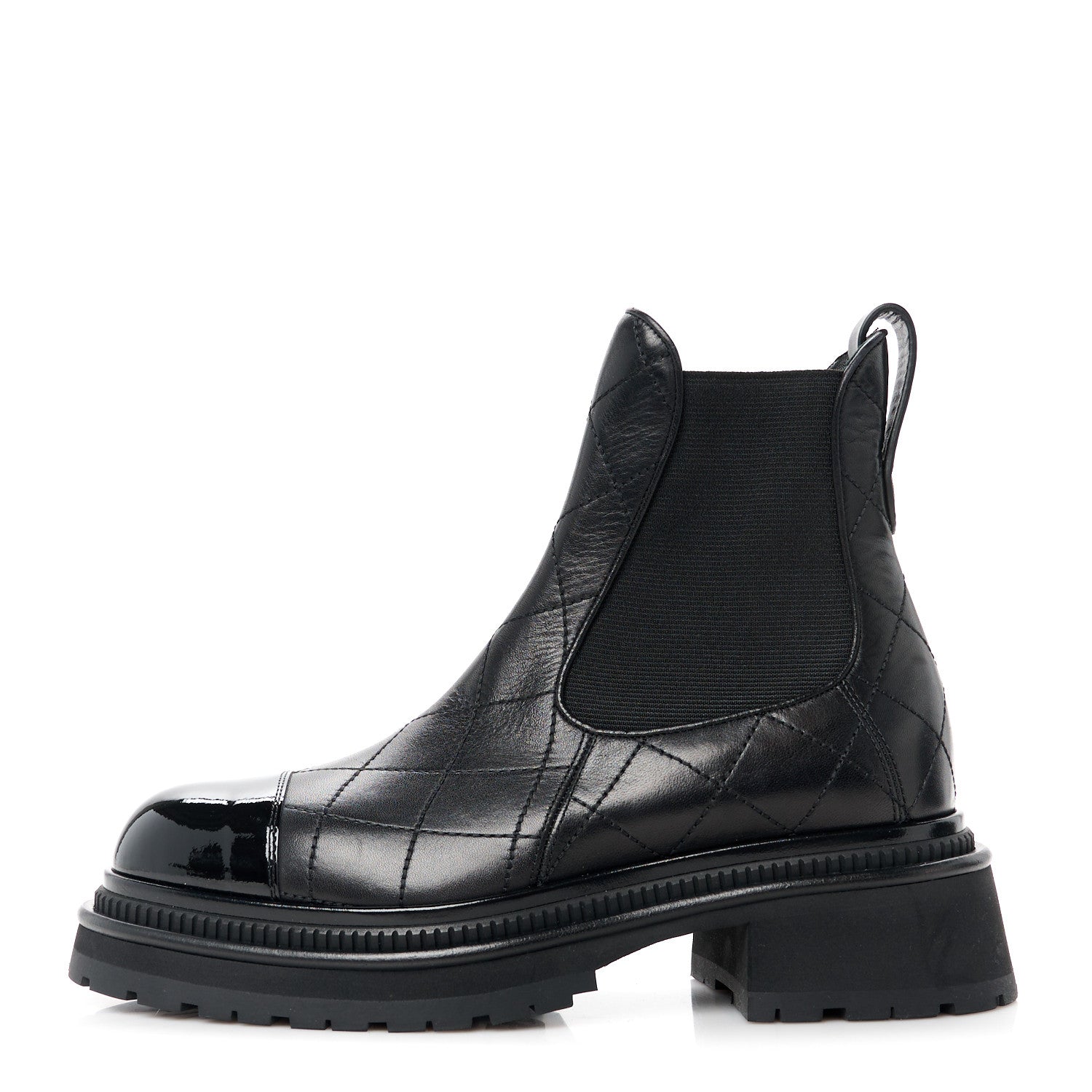 Chanel Calfskin Patent Cap Toe Quilted Short Boots 37 Black 1 of 8