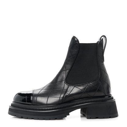 Chanel Calfskin Patent Cap Toe Quilted Short Boots 37 Black 1 of 8