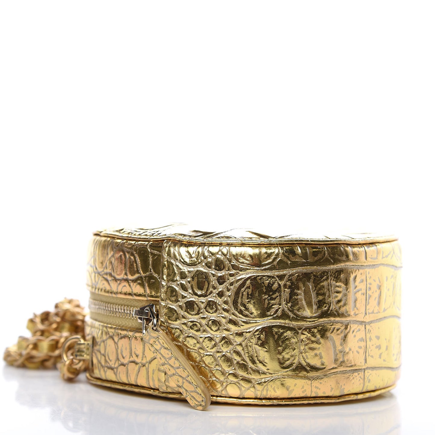 Metallic Calfskin Crocodile Embossed Cocodile Round Clutch with Chain Gold