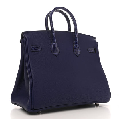Hermes Taurillon Novillo Shiny Niloticus Crocodile Birkin Touch 25 Bleu Encre 2 of 10
