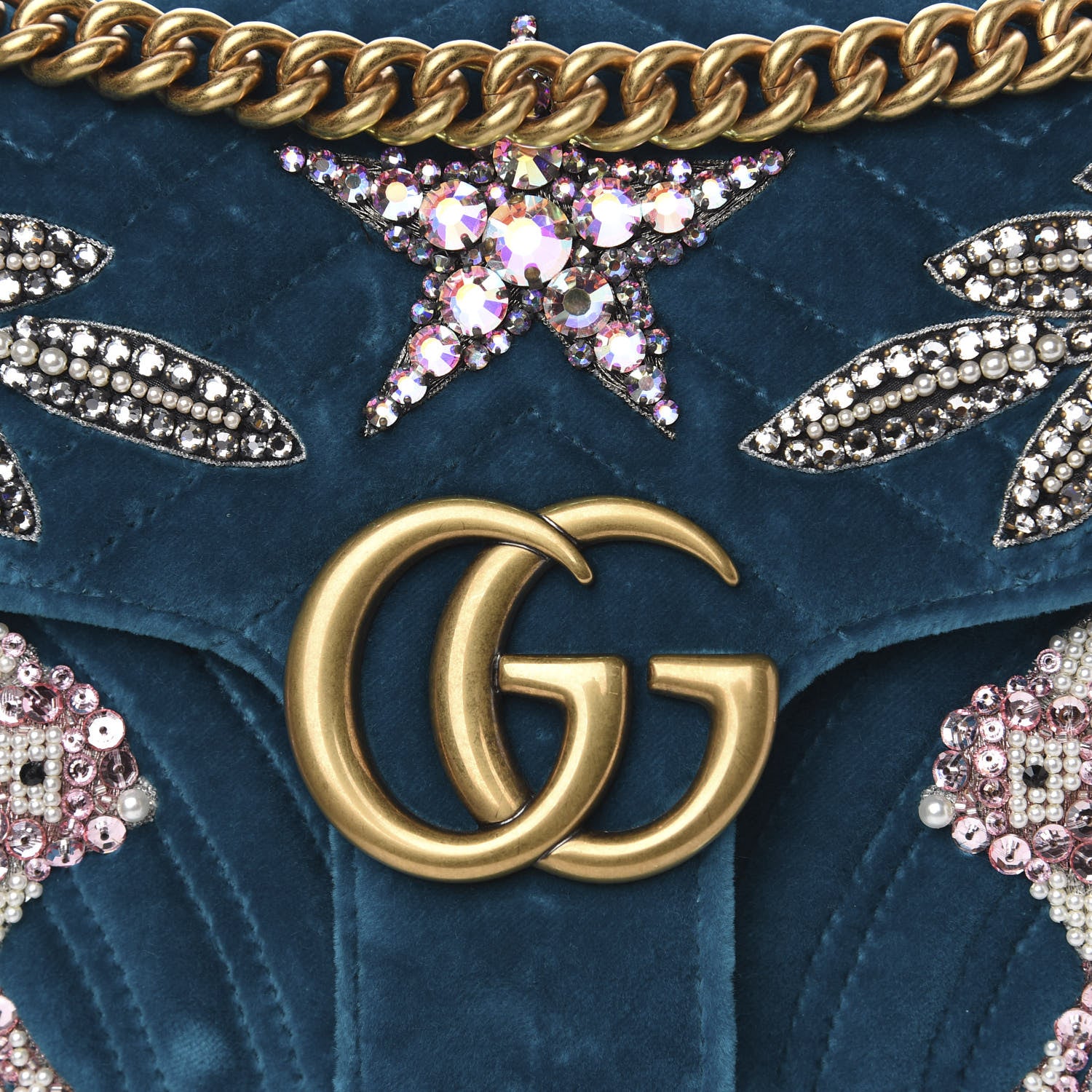 Gucci Velvet Matelasse Embroidered Small GG Marmont Shoulder Bag Pavone Cyan 12 of 12