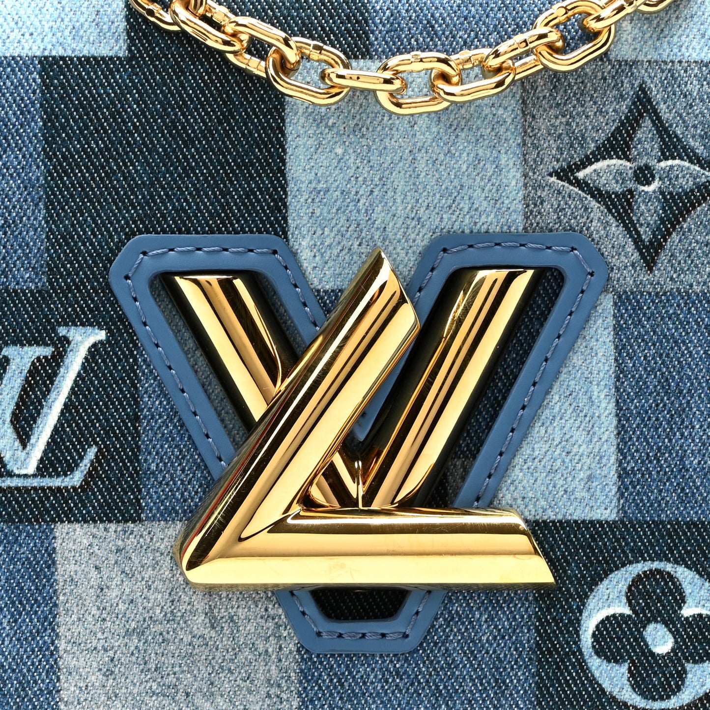 Denim Damier Monogram Twist Shoulder Bag MM Blue Rouge