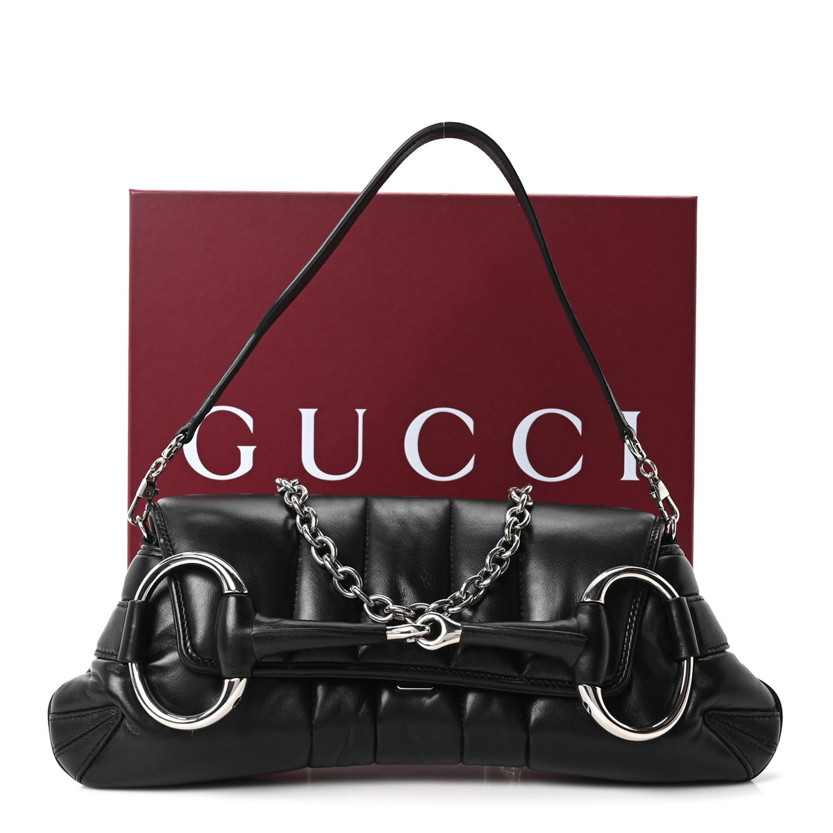 Nappa Vertical Matelasse Medium Maxi Horsebit Chain Shoulder Bag Black