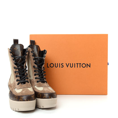 Louis Vuitton Suede Calfskin Monogram Laureate Platform Desert Boots 37 Beige 12 of 12