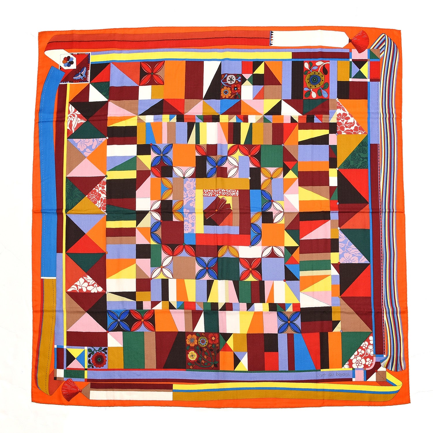 Hermes Cashmere Silk L'Art du Bojagi Shawl 140 Orange Vert Jaune 1 of 6