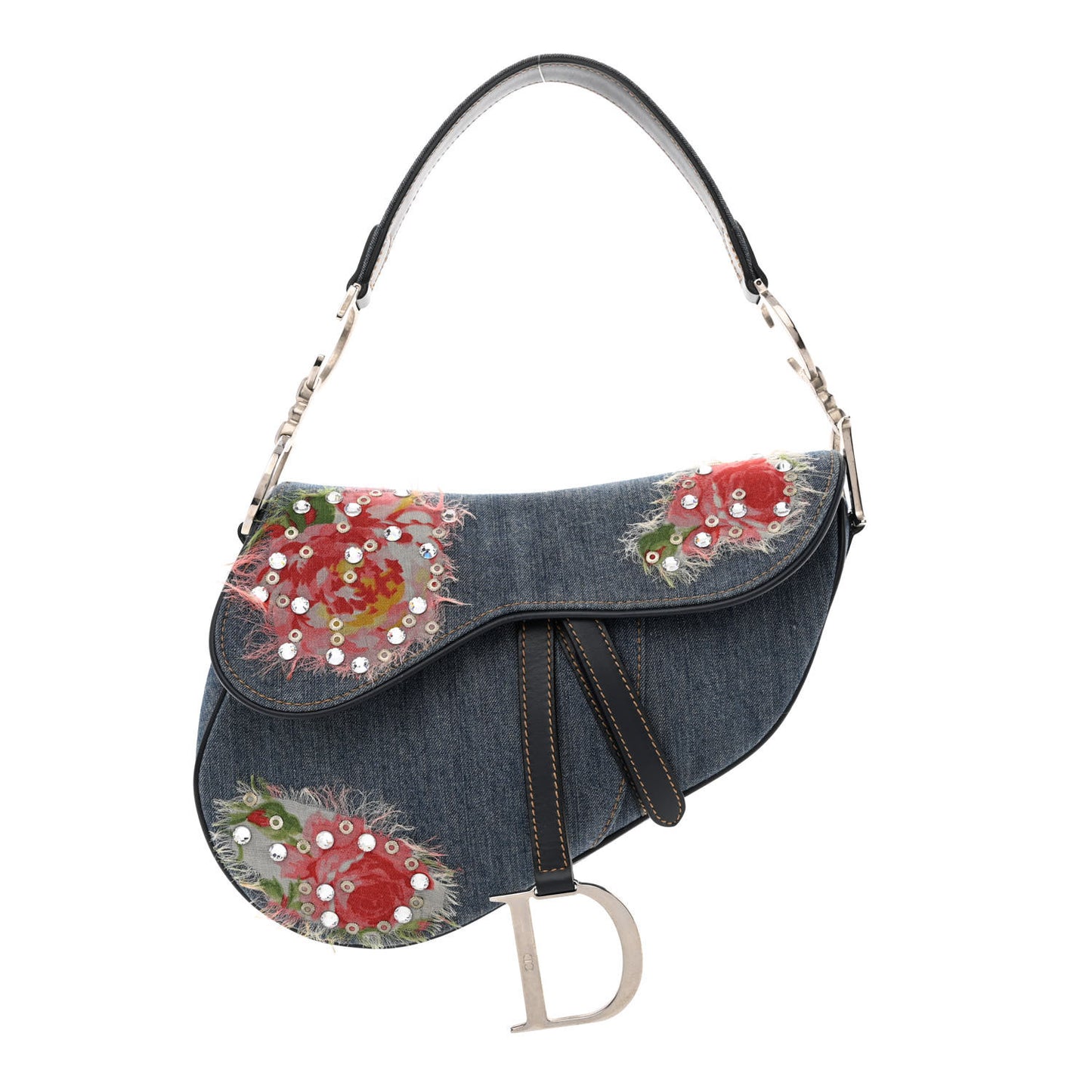 Denim Crystal Floral Embroidered Saddle Bag Multicolor