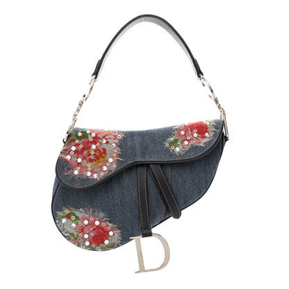 Christian Dior Denim Crystal Floral Embroidered Saddle Bag Multicolor 1 of 10