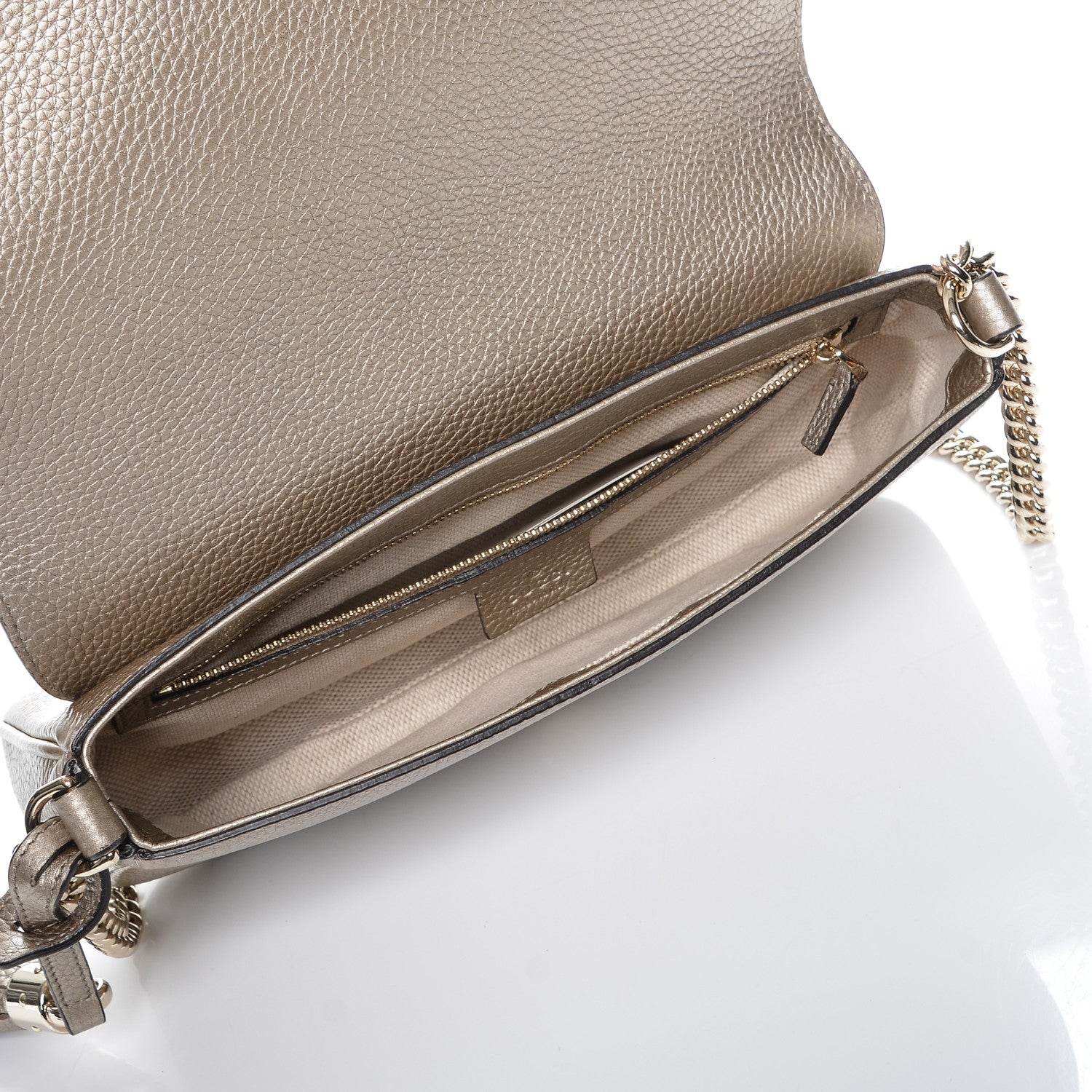 Gucci Metallic Pebbled Calfskin Medium Soho Flap Crossbody Golden Beige 5 of 7