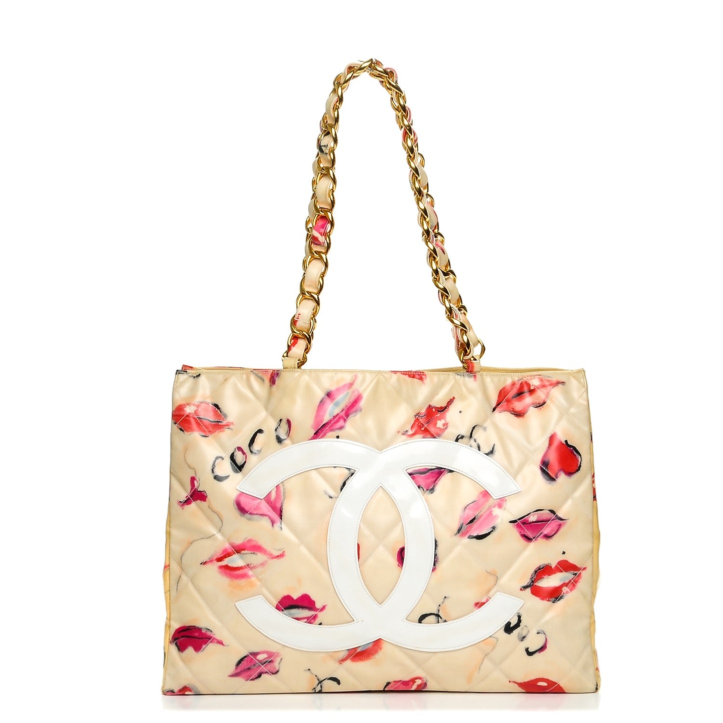 Coated Canvas Quilted Lips and Kisses Graffiti XL Tote Beige