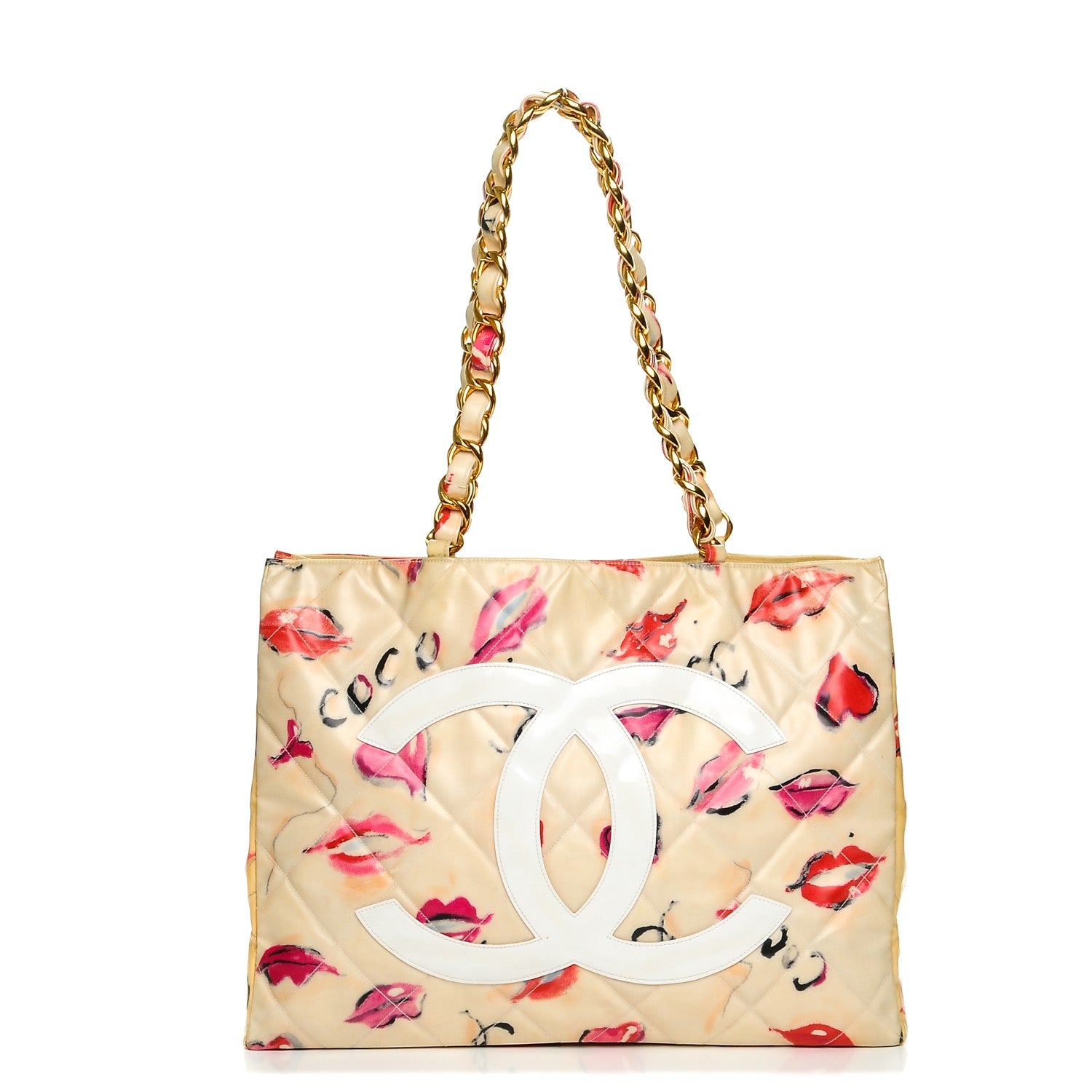 Chanel Coated Canvas Quilted Lips and Kisses Graffiti XL Tote Beige 1 of 8
