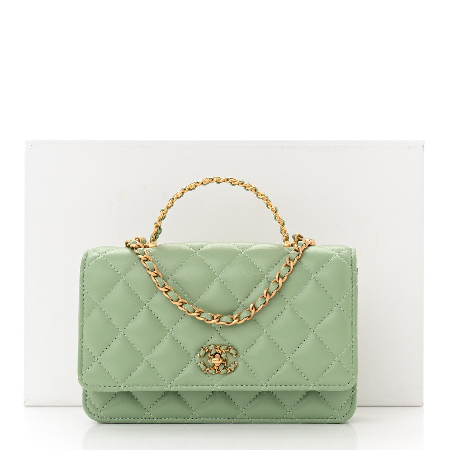 Lambskin Quilted CC Logo Handle Wallet On Chain WOC Light Green