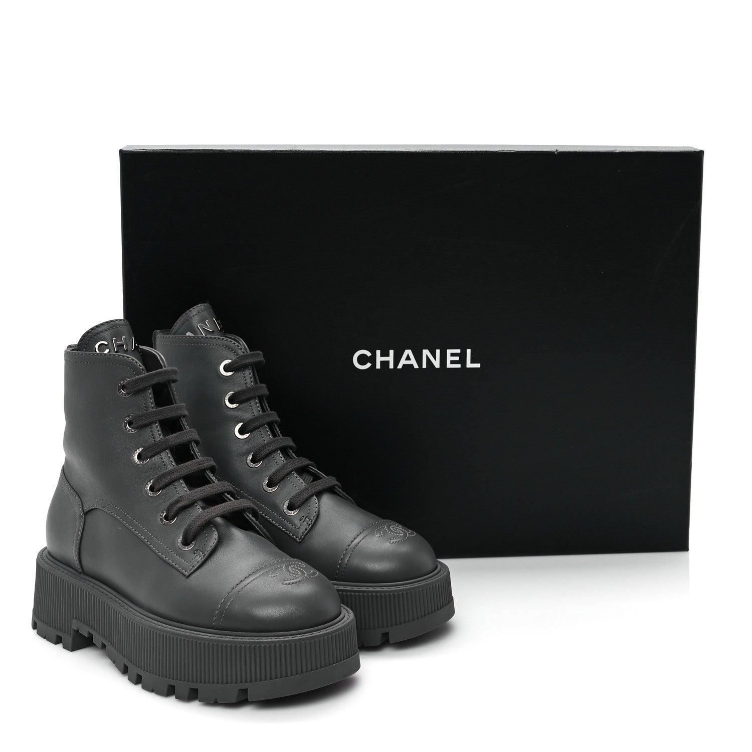 Chanel Calfskin CC Lace Up Combat Boots 36.5 Gray 1660035