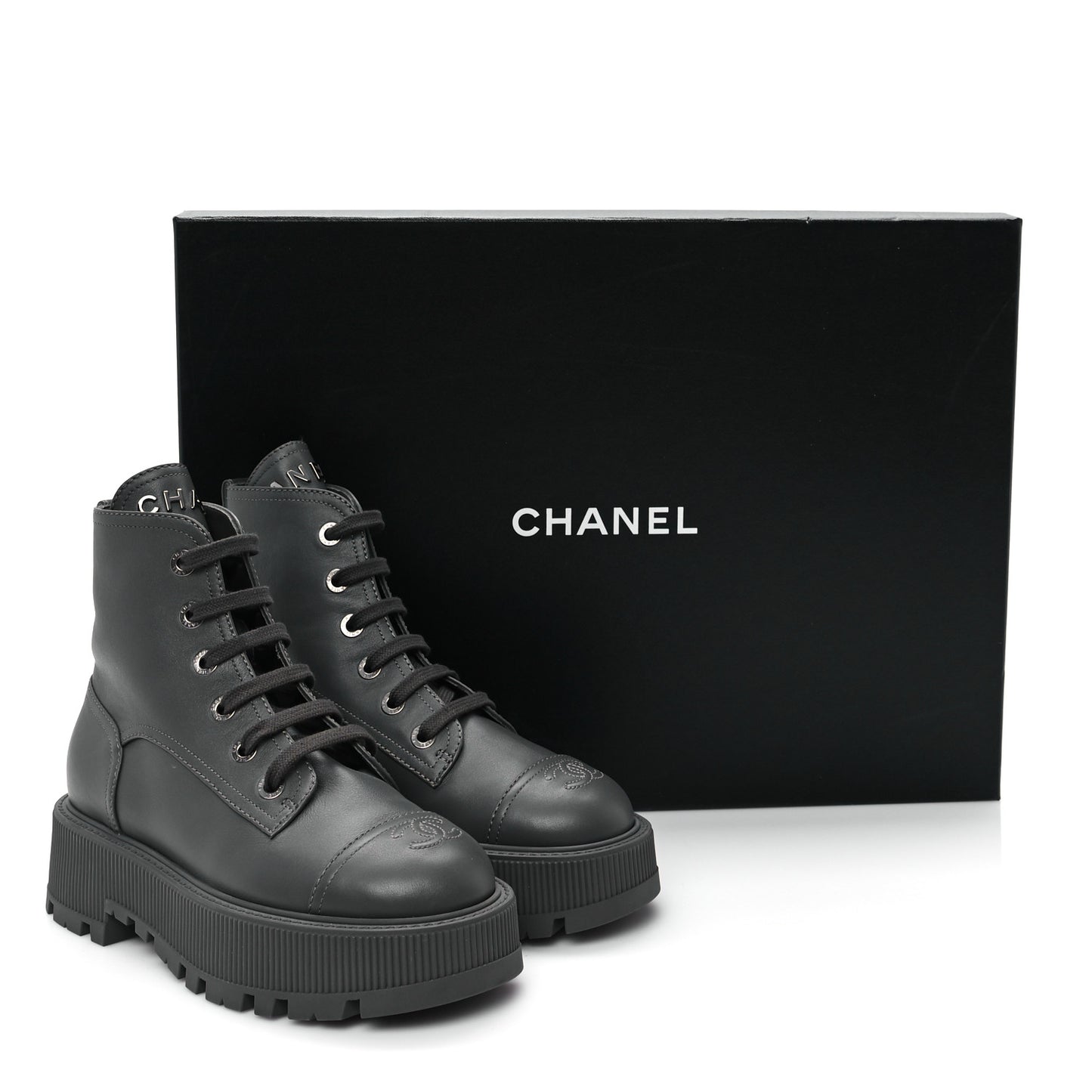 Calfskin CC Lace Up Combat Boots 36.5 Gray