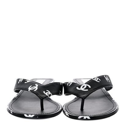 Chanel Lambskin Printed CC Thong Sandals 39 Black White 2 of 9