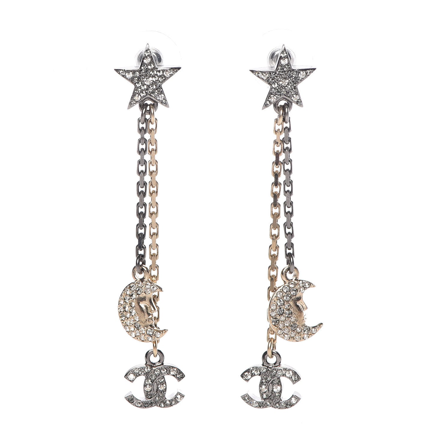 Crystal CC Star Moon Dangle Earrings Silver Gold