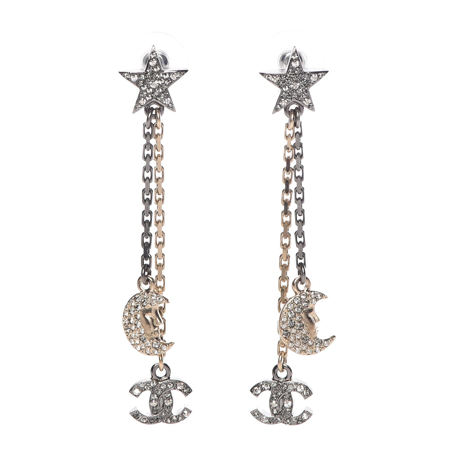 Chanel Crystal CC Star Moon Dangle Earrings Silver Gold 1 of 4
