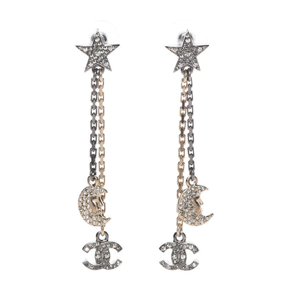Chanel Crystal CC Star Moon Dangle Earrings Silver Gold 1 of 4