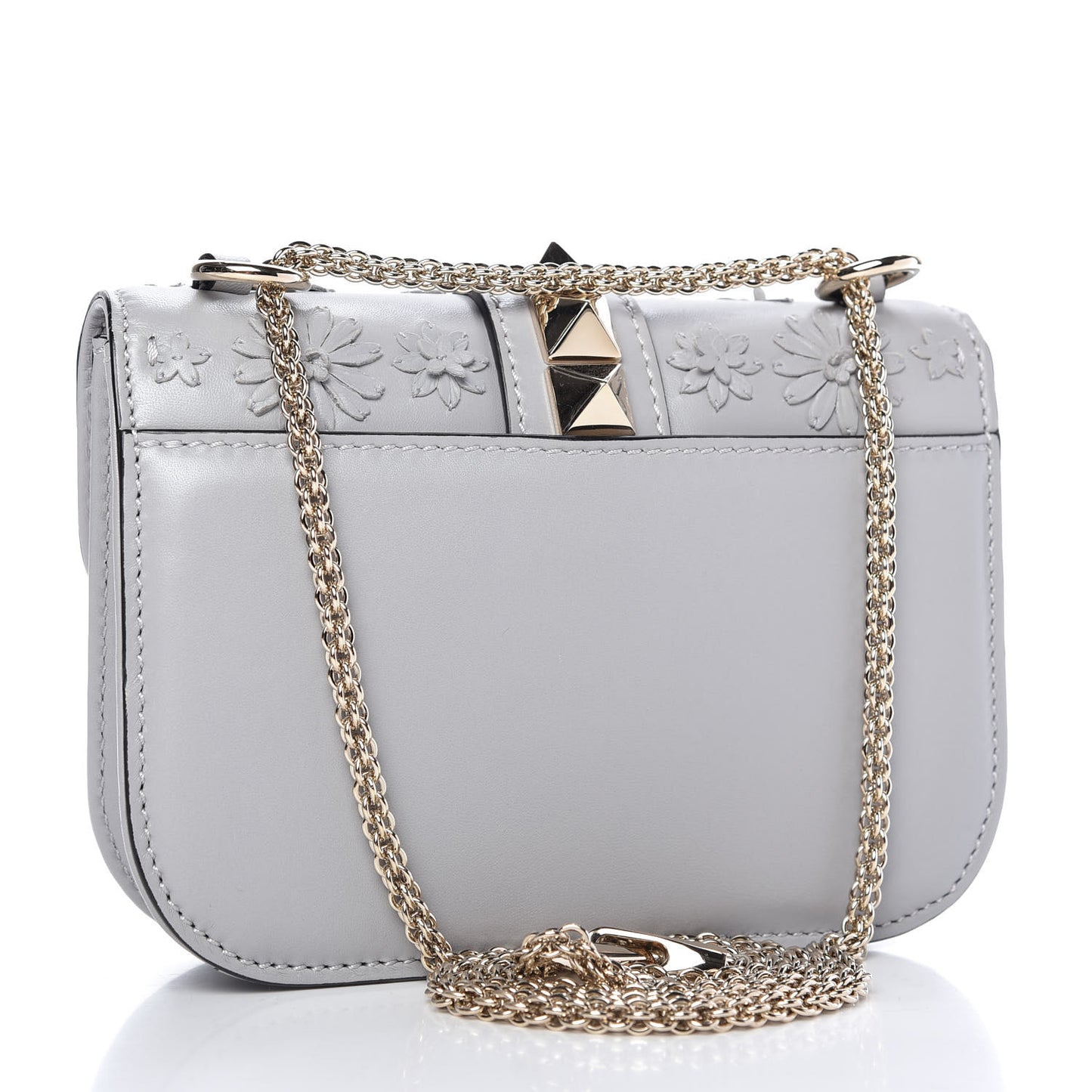 Vitello Flower Embellished Small Glam Lock Rockstud Flap Pastel Grey
