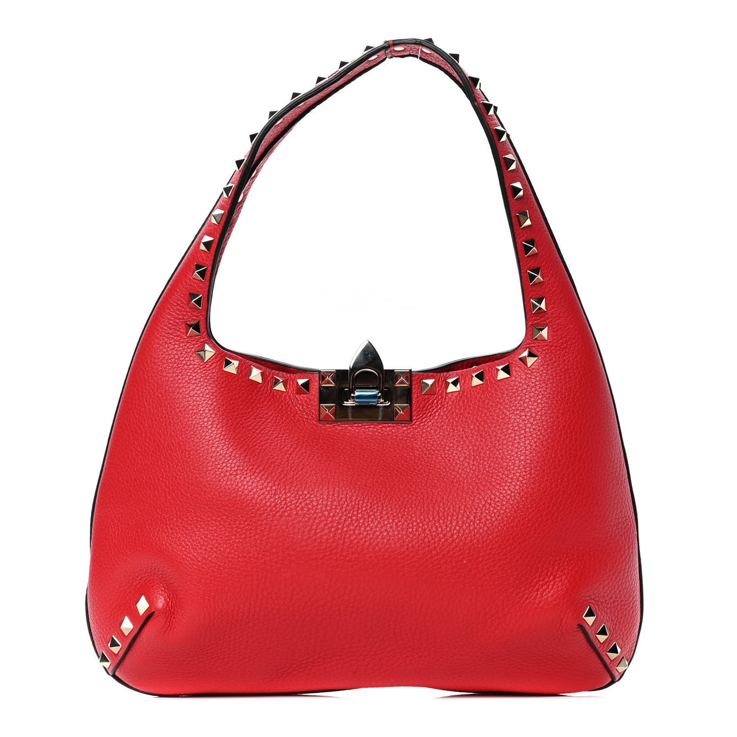 Pebbled Calfskin Small Rockstud Flip Lock Hobo Rouge Pur
