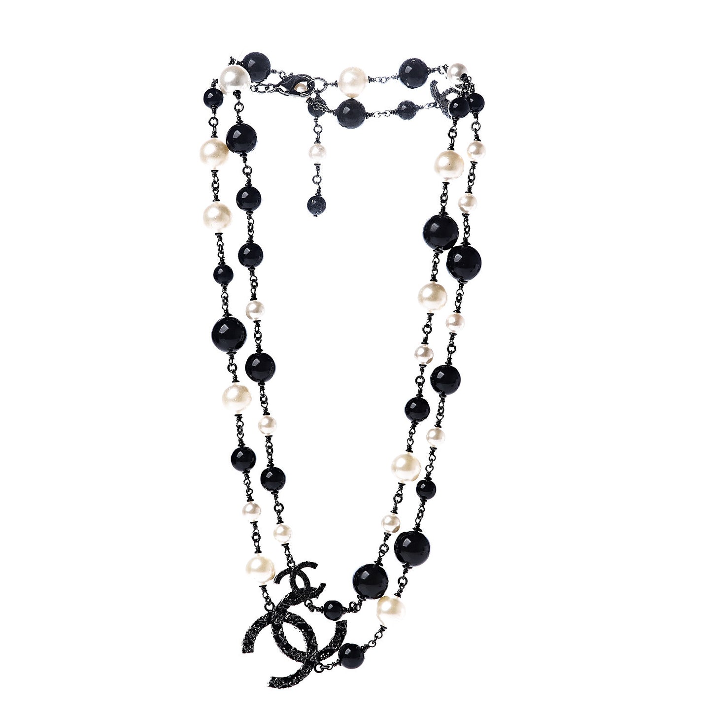 Pearl Beaded Crystal CC Long Necklace Black Silver