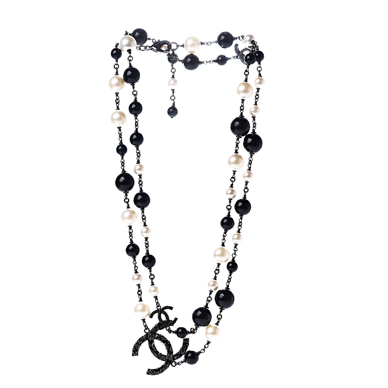 Chanel Pearl Beaded Crystal CC Long Necklace Black Silver 2 of 4